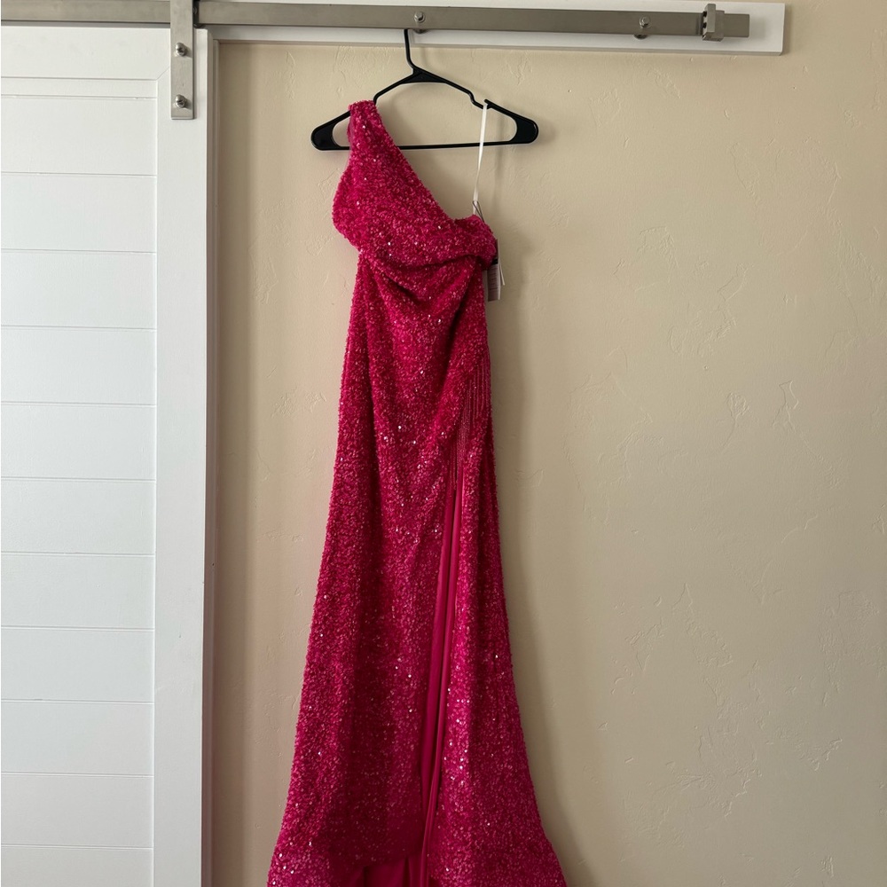 Hot pink prom dress with slit, dangle details, 4 strap back, size 2